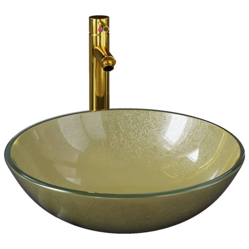 Umivaonik sa slavinom i odvodom zlatni od kaljenog stakla