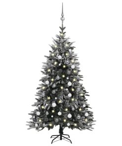 Umjetno božićno drvce LED s kuglicama i snijegom 150 cm PVC/PE