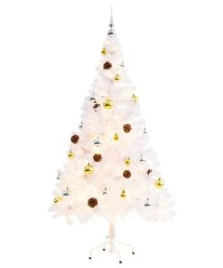 Umjetno božićno drvce s kuglicama i LED svjetlima bijelo 150 cm