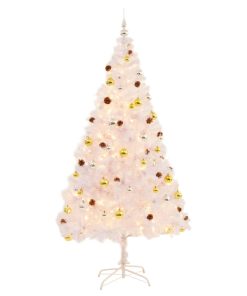 Umjetno božićno drvce s kuglicama i LED svjetlima bijelo 210 cm