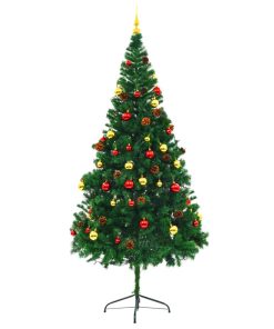 Umjetno božićno drvce s kuglicama i LED svjetlima zeleno 210 cm