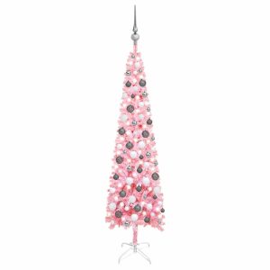 Usko božićno drvce s LED svjetlima i kuglicama 150 cm ružičasto