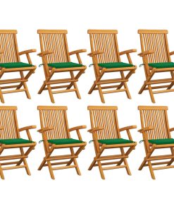 Vrtne stolice sa zelenim jastucima 8 kom od masivne tikovine