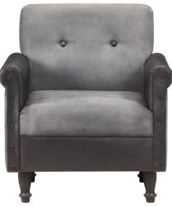 Zaobljena fotelja od prave kože i platna crna