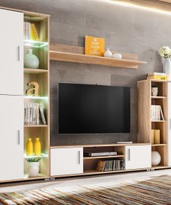 Zidna TV komoda s LED svjetlima boja Sonoma hrastovine i bijela