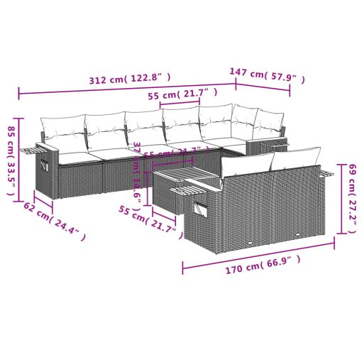 9-dijelni set vrtnih sofa od poliratana s jastucima sivi