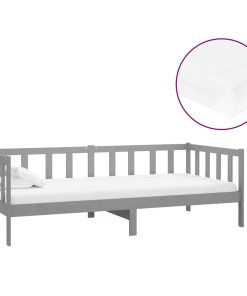 Dnevni ležaj s madracem 90 x 200 cm sivi od masivne borovine