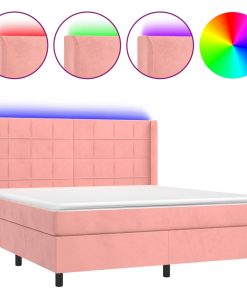 Krevet box spring s madracem LED ružičasti 160x200cm baršunasti