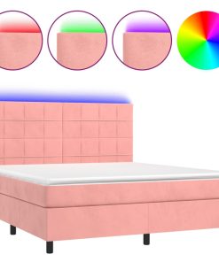 Krevet box spring s madracem LED ružičasti 160x200cm baršunasti