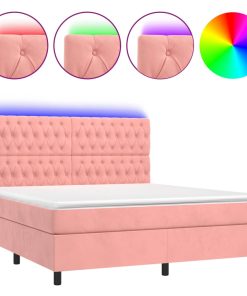 Krevet box spring s madracem LED ružičasti 160x200cm baršunasti