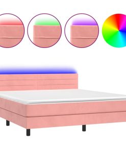 Krevet box spring s madracem LED ružičasti 160x200cm baršunasti