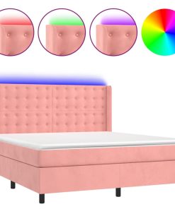 Krevet box spring s madracem LED ružičasti 160x200cm baršunasti
