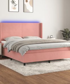 Krevet box spring s madracem LED ružičasti 160x200cm baršunasti