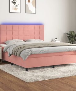 Krevet box spring s madracem LED ružičasti 160x200cm baršunasti