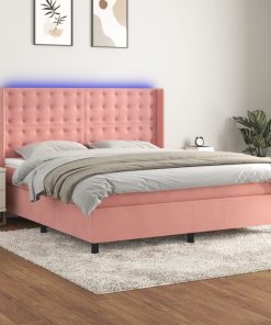 Krevet box spring s madracem LED ružičasti 160x200cm baršunasti