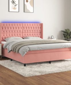 Krevet box spring s madracem LED ružičasti 160x200cm baršunasti